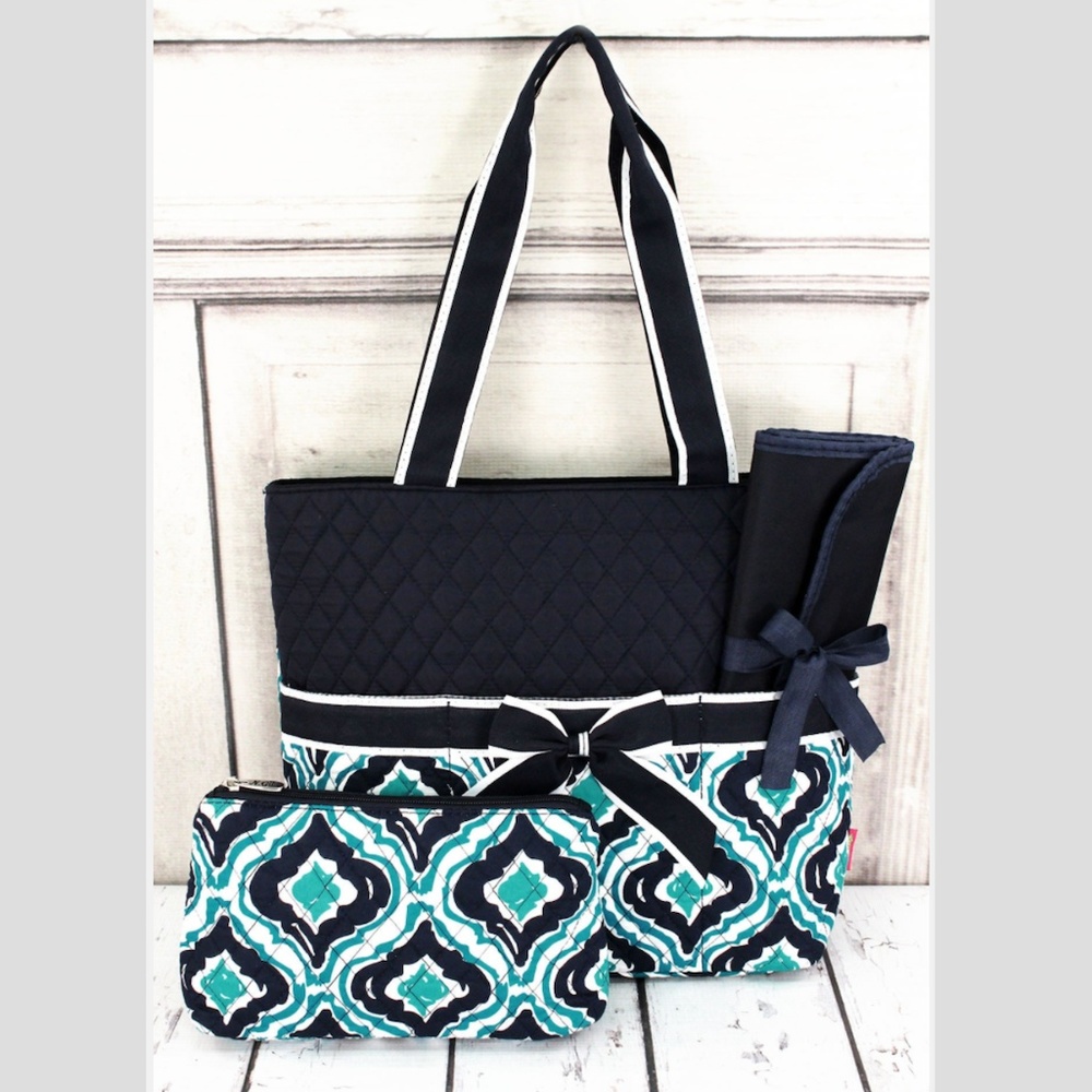 Pretty blue, turquoise, and white quilted bag with navy trim